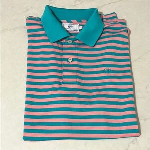 GUC Southern Tide Men’s Pink and Teal Striped Performance Polo Shirt Size Large